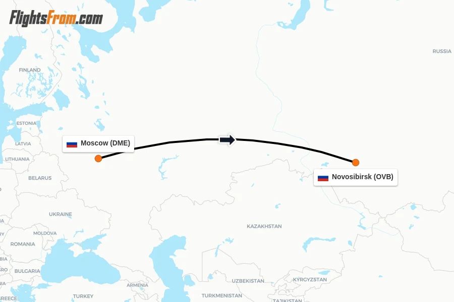 Flights from Moscow to Novosibirsk route map