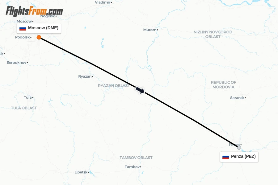 Flights from Moscow to Penza route map