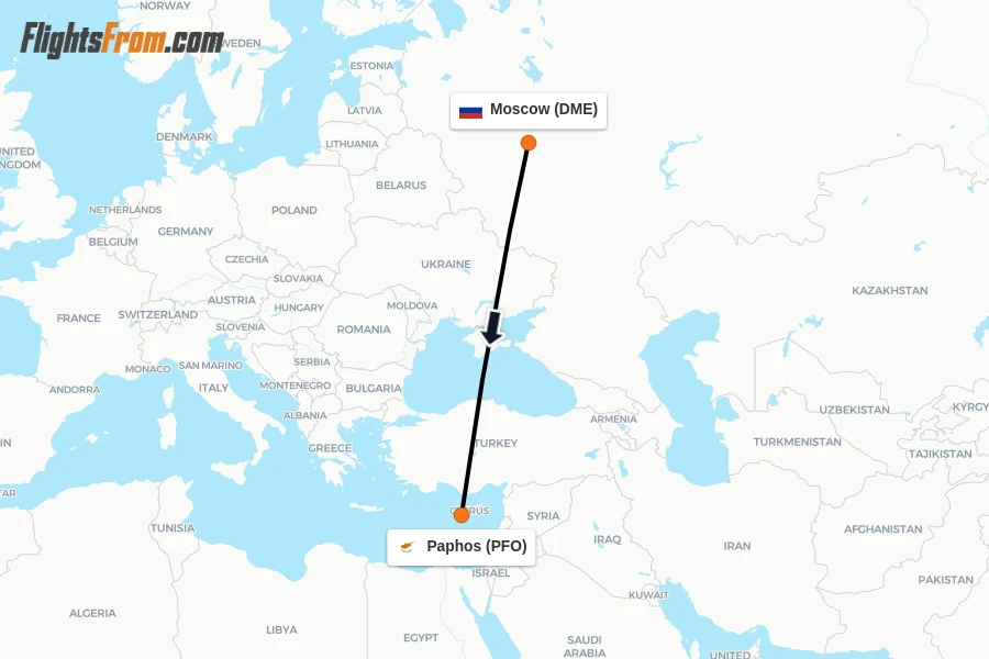 Flights from Moscow to Paphos route map