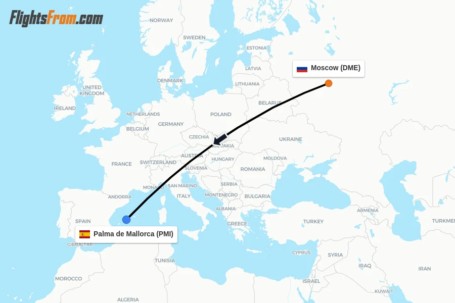 Flights from Moscow to Palma de Mallorca route map