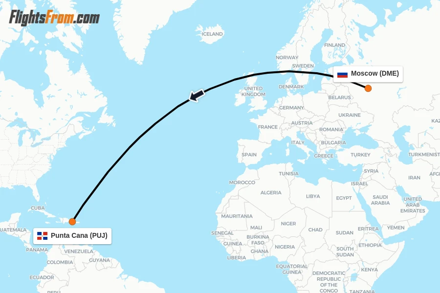 Flights from Moscow to Punta Cana route map