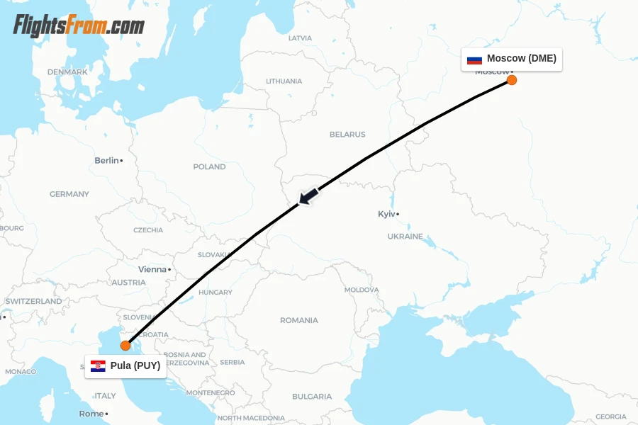 Flights from Moscow to Pula route map