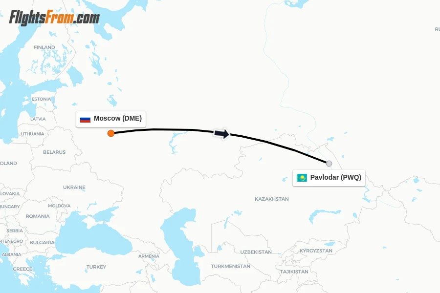 Flights from Moscow to Pavlodar route map