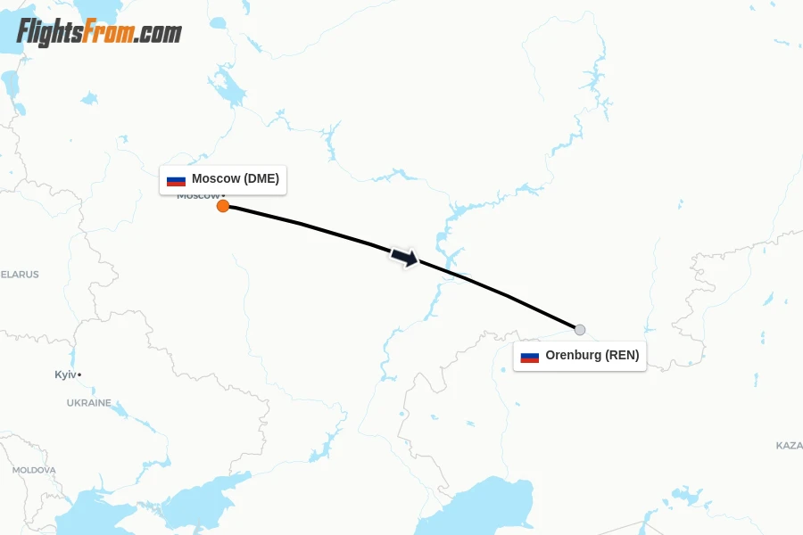 Flights from Moscow to Orenburg route map