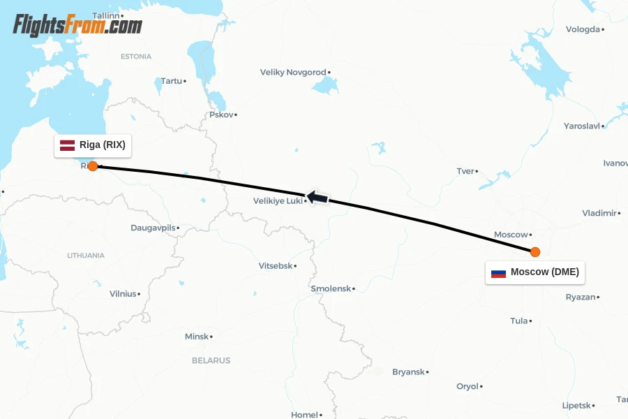 Flights from Moscow to Riga route map