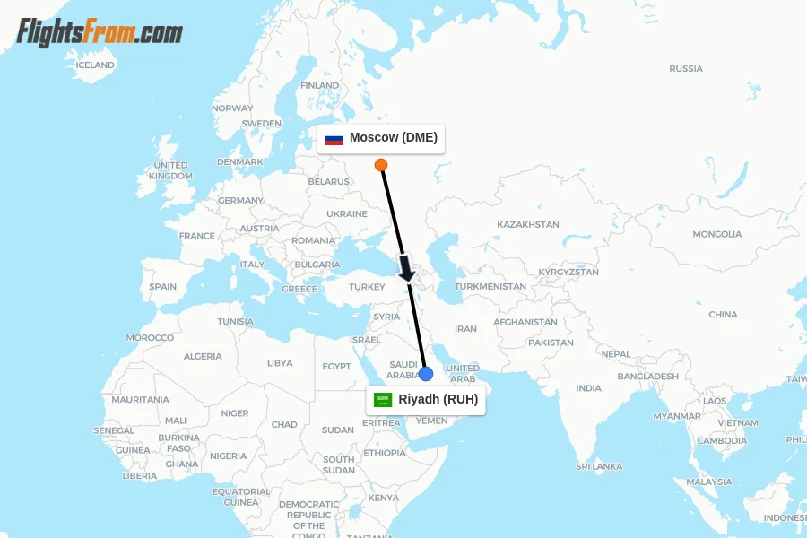 Flights from Moscow to Riyadh route map