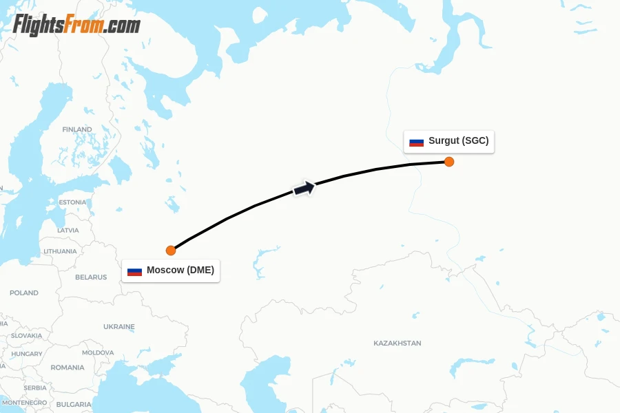 Flights from Moscow to Surgut route map