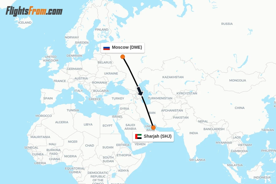 Flights from Moscow to Sharjah route map
