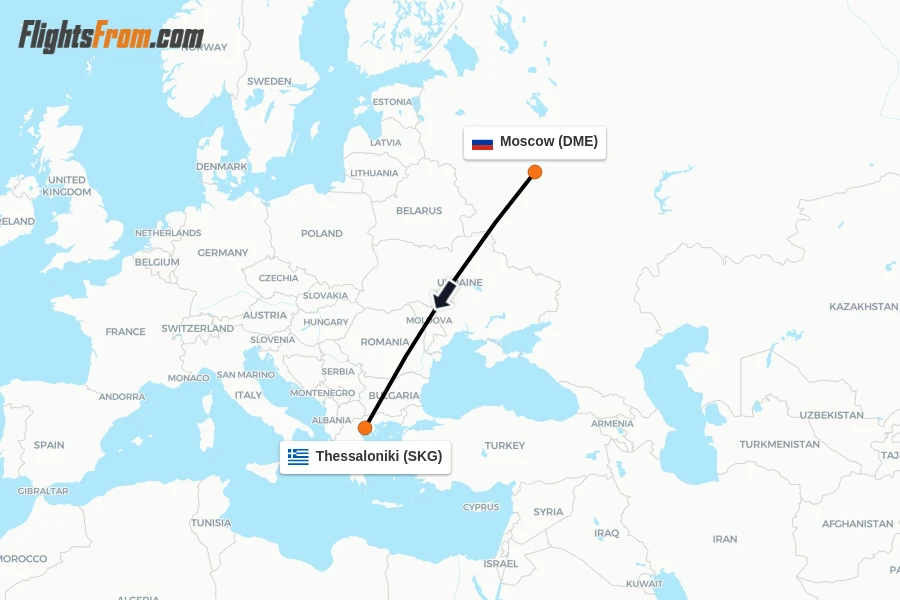 Flights from Moscow to Thessaloniki route map
