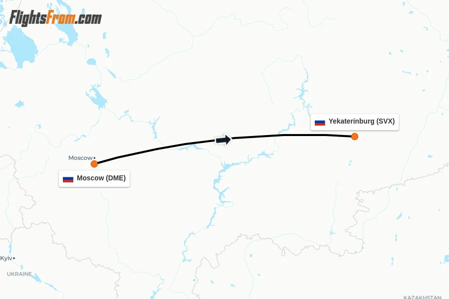 Flights from Moscow to Yekaterinburg route map