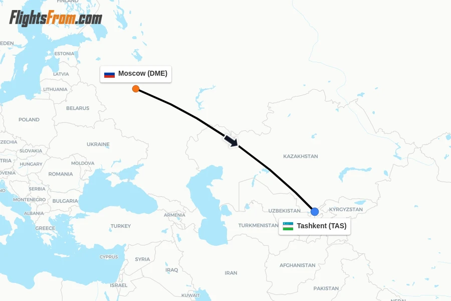Flights from Moscow to Tashkent route map