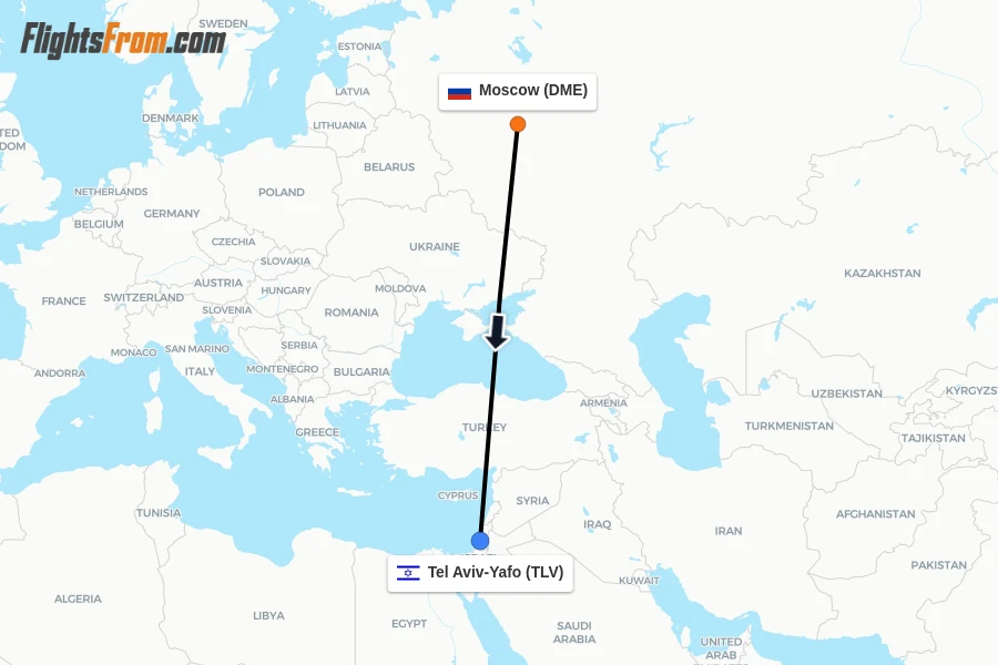 Flights from Moscow to Tel Aviv-Yafo route map