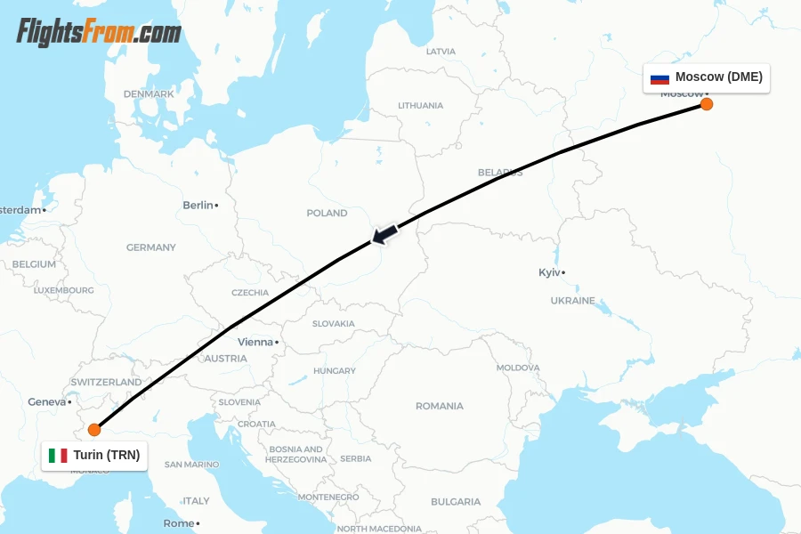 Flights from Moscow to Turin route map