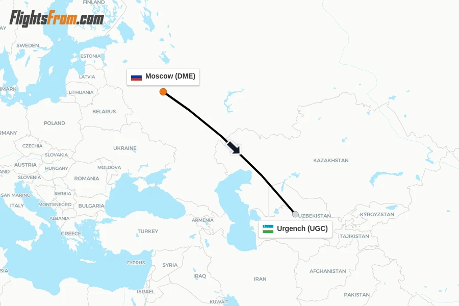 Flights from Moscow to Urgench route map
