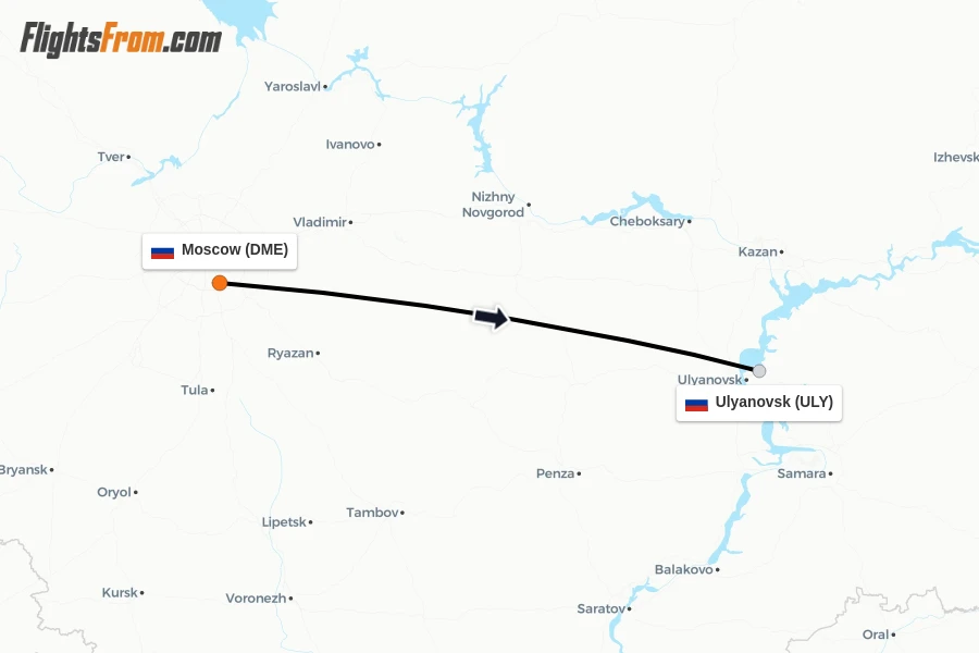 Flights from Moscow to Ulyanovsk route map