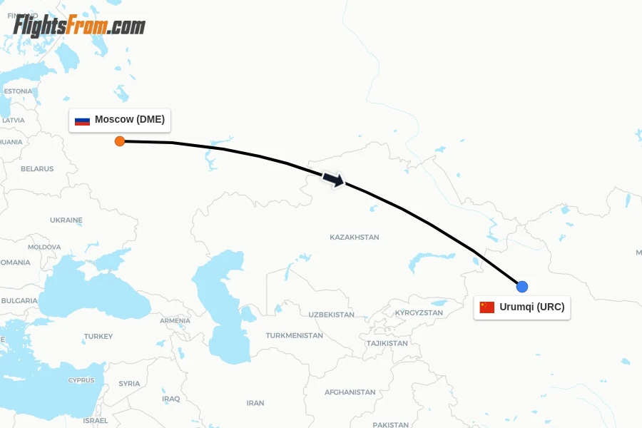 Flights from Moscow to Urumqi route map