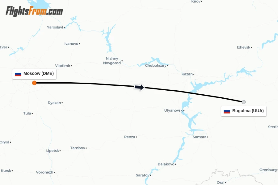 Flights from Moscow to Bugulma route map