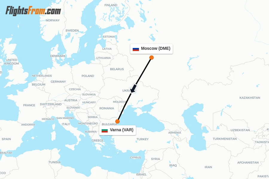 Flights from Moscow to Varna route map