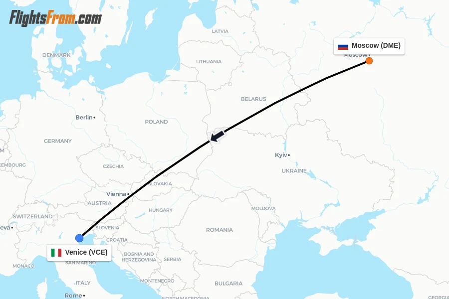 Flights from Moscow to Venice route map