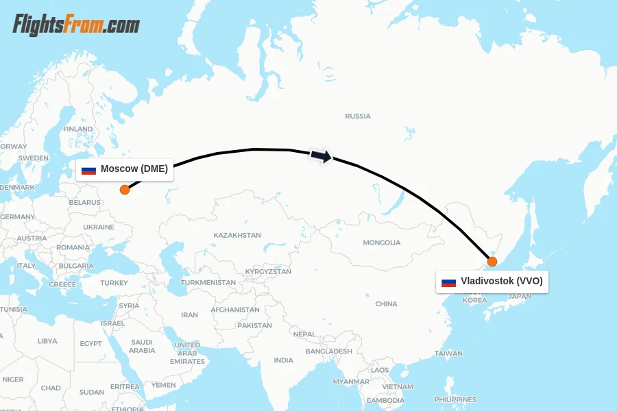 Flights from Moscow to Vladivostok route map