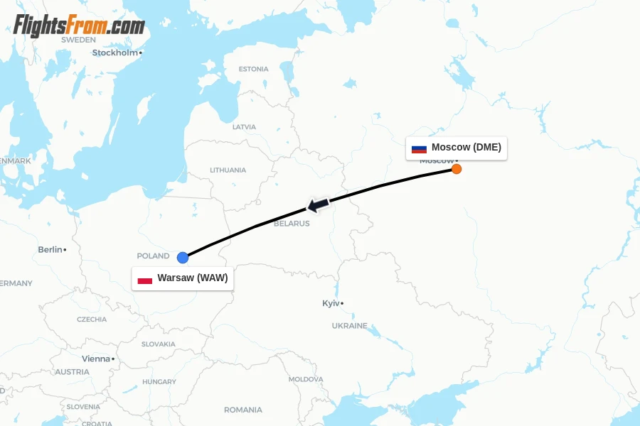 Flights from Moscow to Warsaw route map