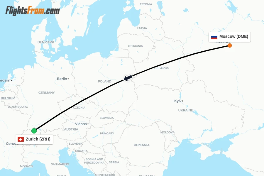 Flights from Moscow to Zurich route map