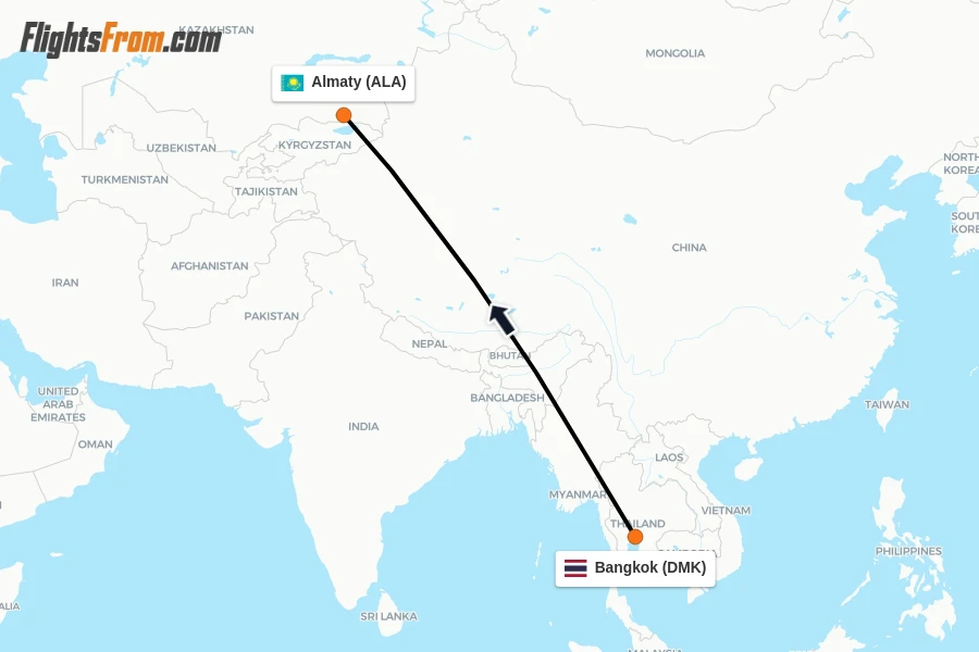 Flights from Bangkok to Almaty route map