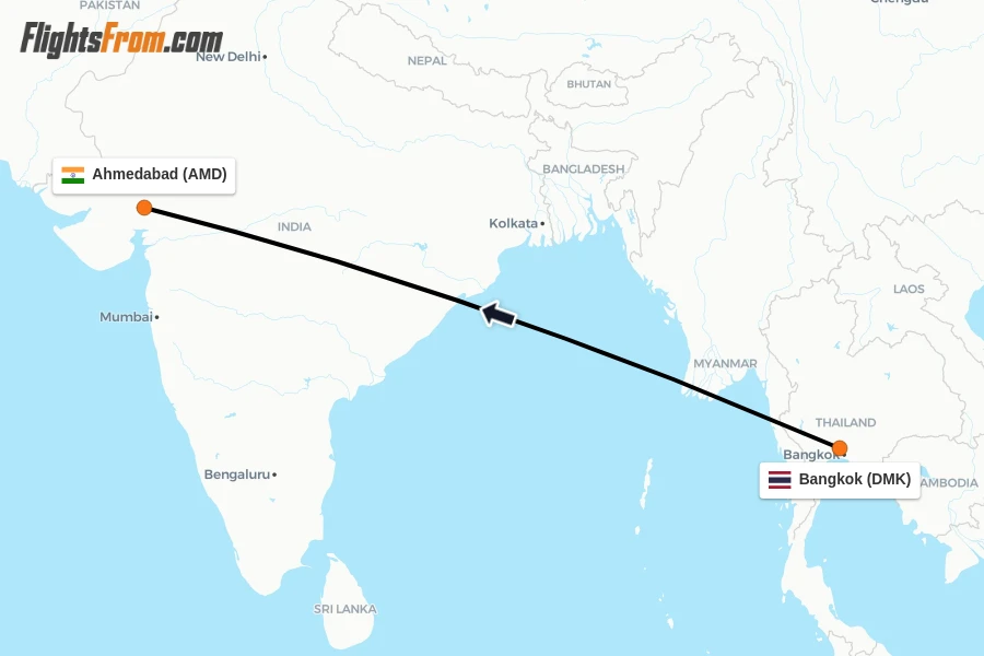 Flights from Bangkok to Ahmedabad route map