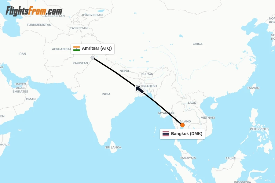 Flights from Bangkok to Amritsar route map