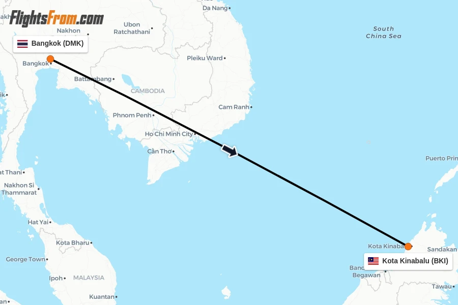 Flights from Bangkok to Kota Kinabalu route map