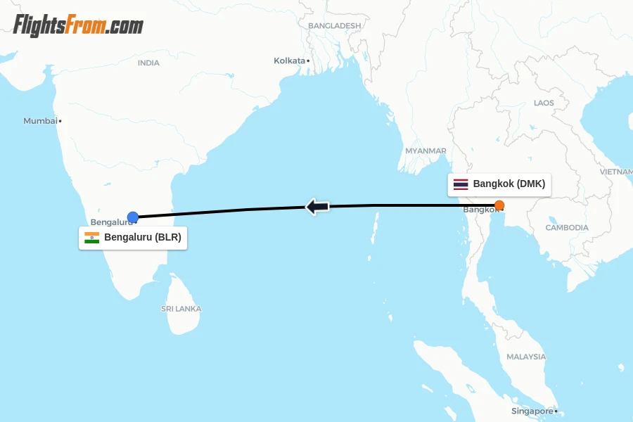 Flights from Bangkok to Bengaluru route map