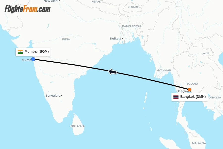 Flights from Bangkok to Mumbai route map