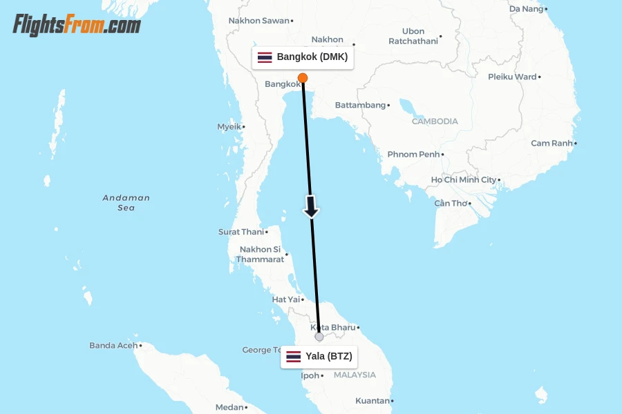 Flights from Bangkok to Yala route map