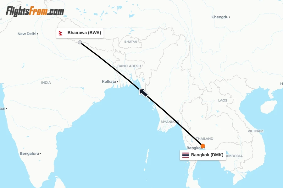 Flights from Bangkok to Bhairawa route map