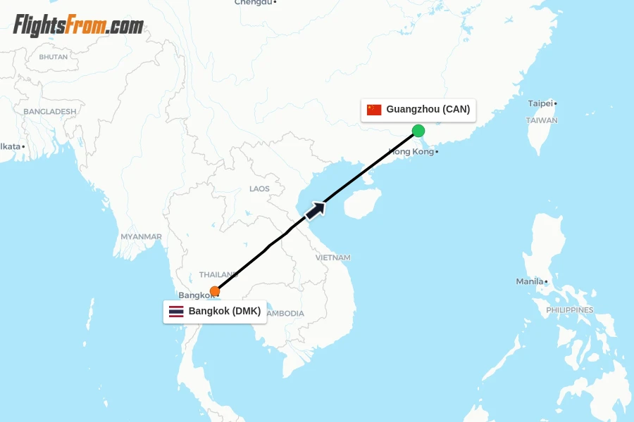 Flights from Bangkok to Guangzhou route map