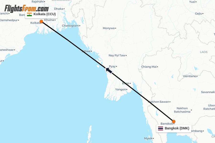 Flights from Bangkok to Kolkata route map