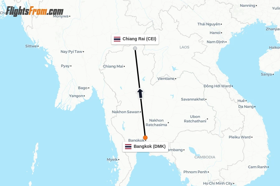 Flights from Bangkok to Chiang Rai route map