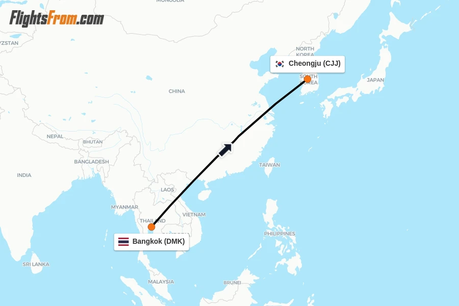 Flights from Bangkok to Cheongju route map