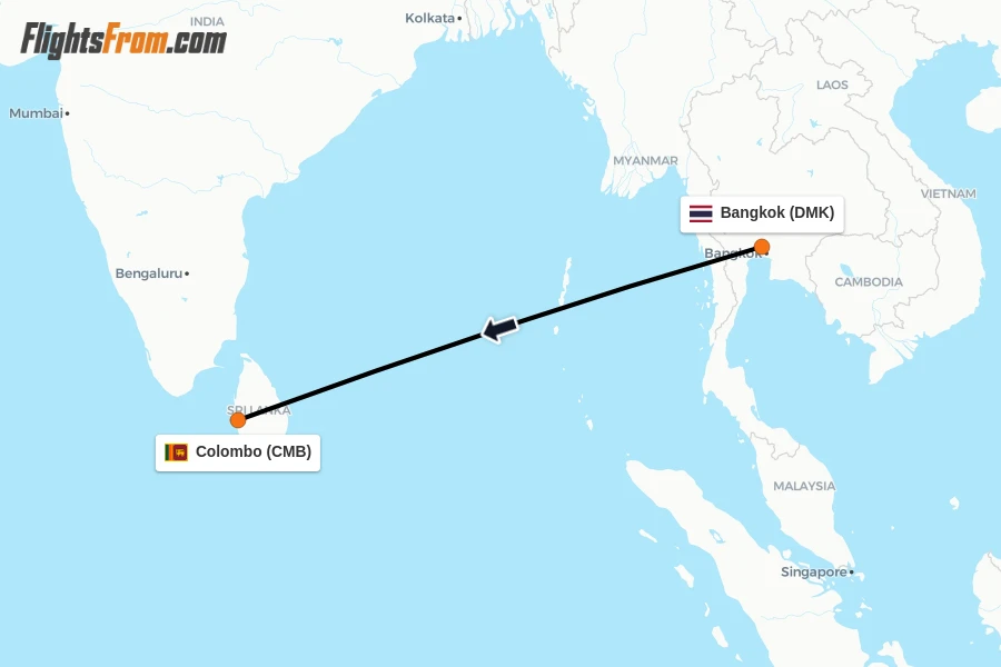 Flights from Bangkok to Colombo route map