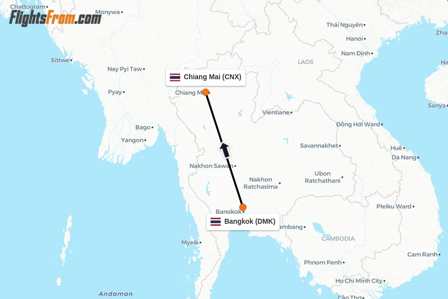 Flights from Bangkok to Chiang Mai route map