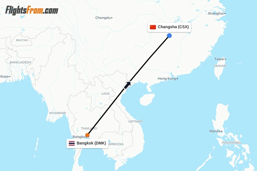 Flights from Bangkok to Changsha route map