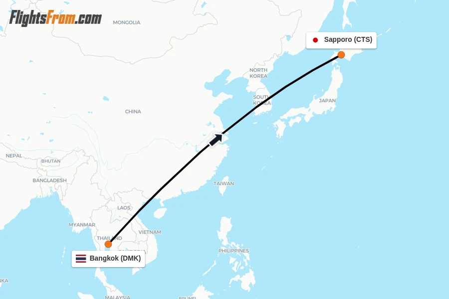 Flights from Bangkok to Sapporo route map