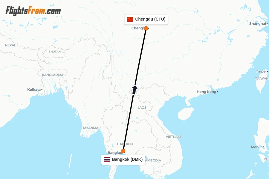 Flights from Bangkok to Chengdu route map