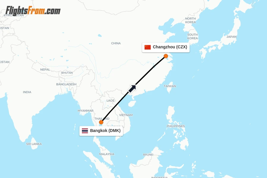 Flights from Bangkok to Changzhou route map