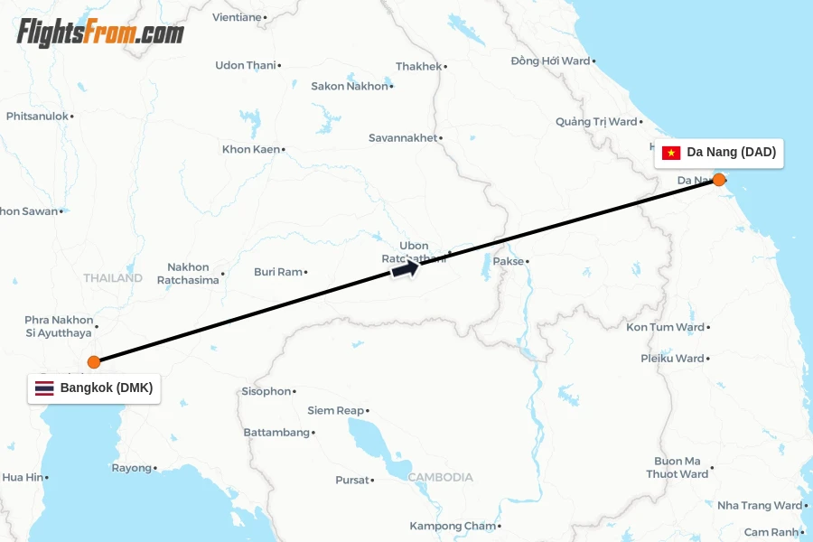 Flights from Bangkok to Da Nang route map