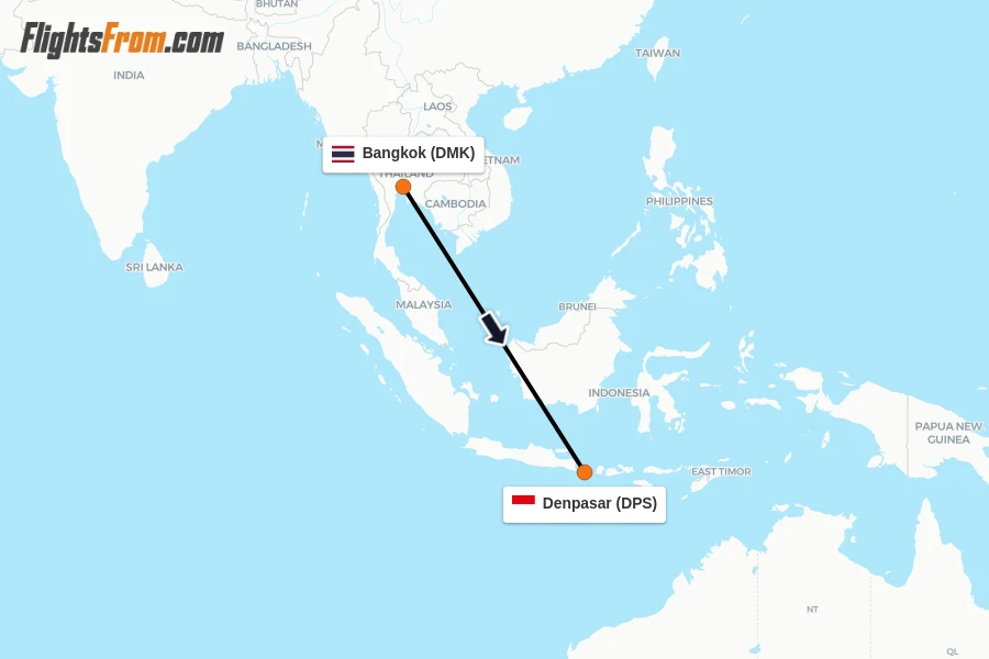 Flights from Bangkok to Denpasar route map