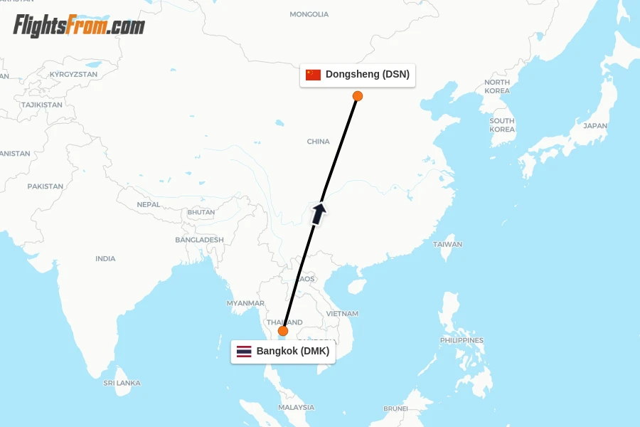 Flights from Bangkok to Dongsheng route map