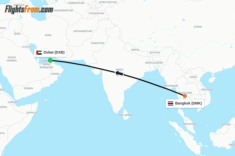 Flights from Bangkok to Dubai route map