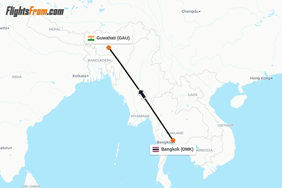Flights from Bangkok to Guwahati route map
