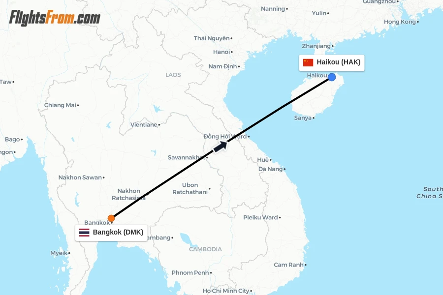 Flights from Bangkok to Haikou route map